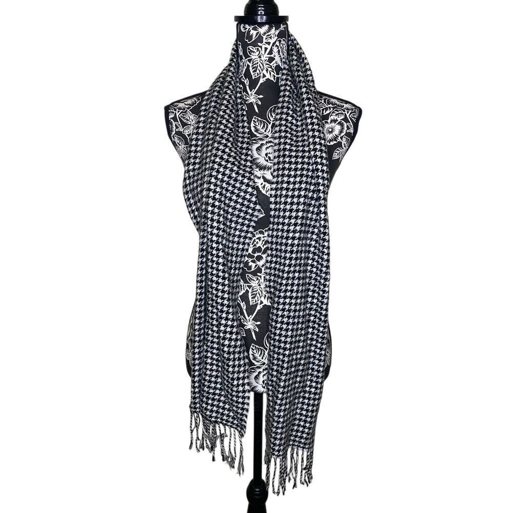 Black White Houndstooth Tassel Scarf Classic Checkered Wrap Winter Shawl Boho